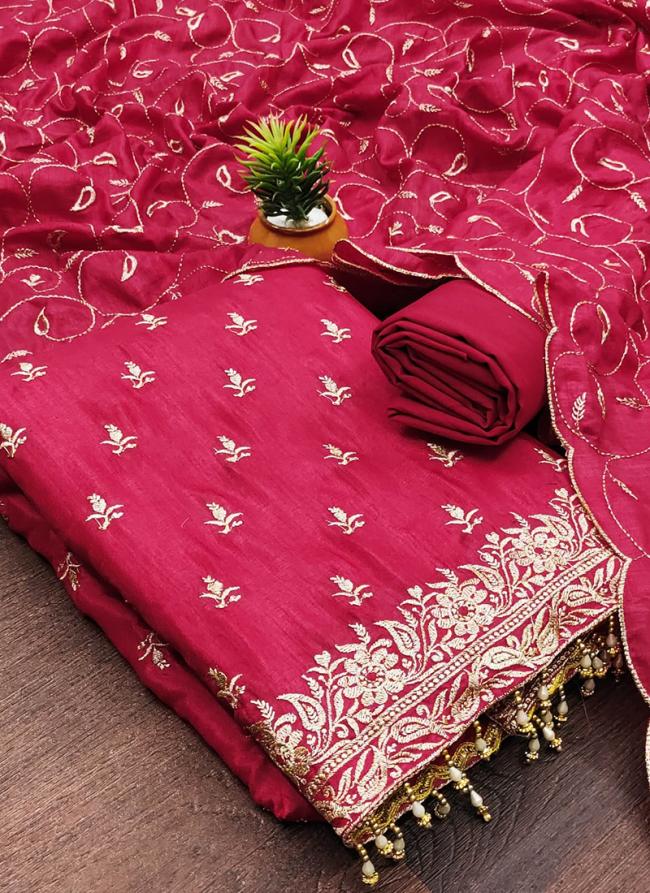 Vichitra Silk Pink Traditional Wear Embroidery Work Dress Material
